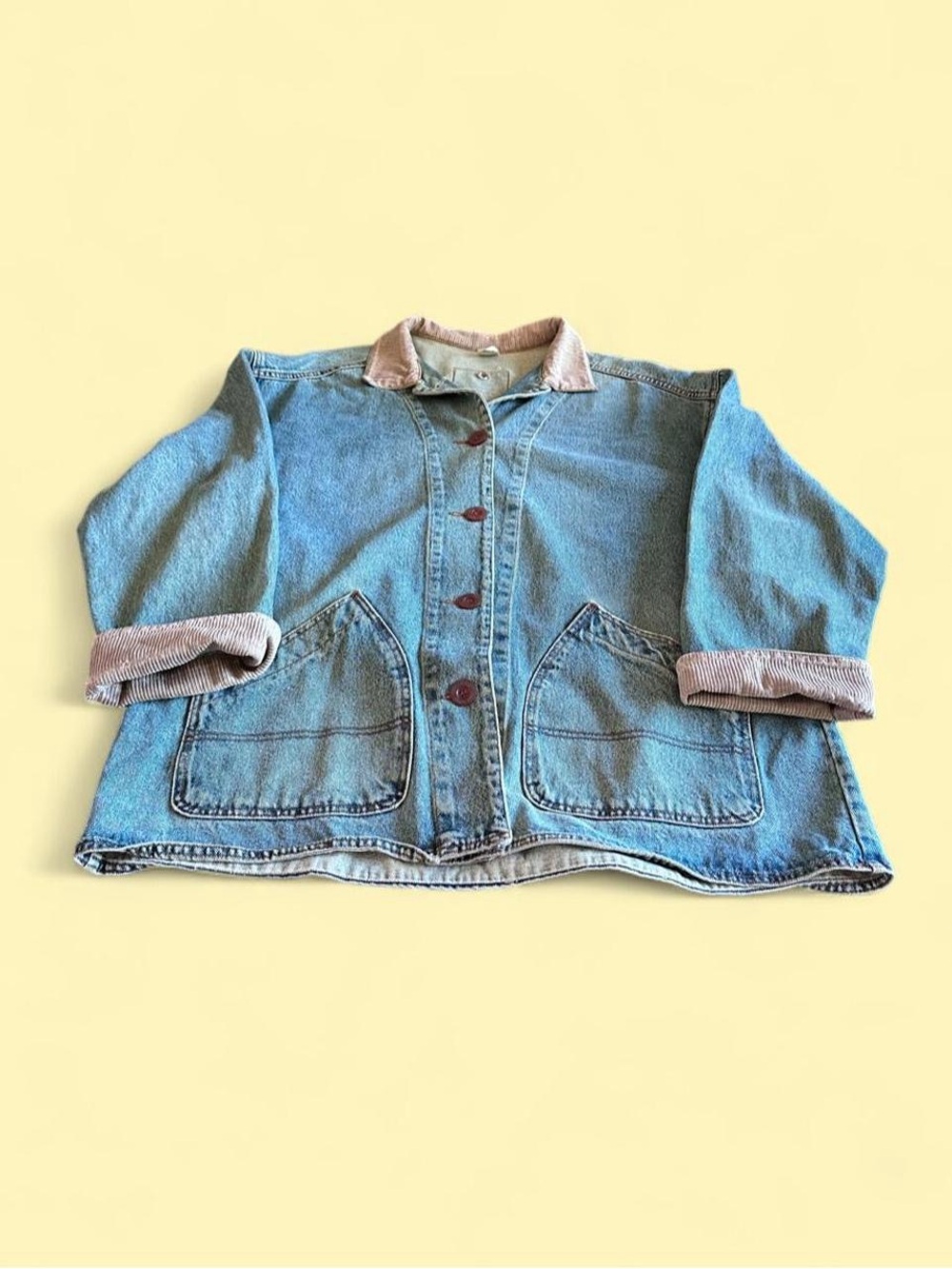 Vintage Denim Barn Chore Jacket Corduroy Trim Women’s Size L Two Tone Western